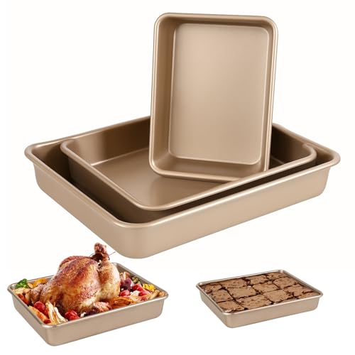 Barlket Deep Baking Pans Set, 3-Pieces Rectangle Cake Pan, Nonstick Roasting Pans Set for Thanksgiving Christmas, 9/11/13 Inch, Toaster Oven Tray Bakeware Set, Lasagna Pan Deep Size, Heavy Duty, Gold - Image 1