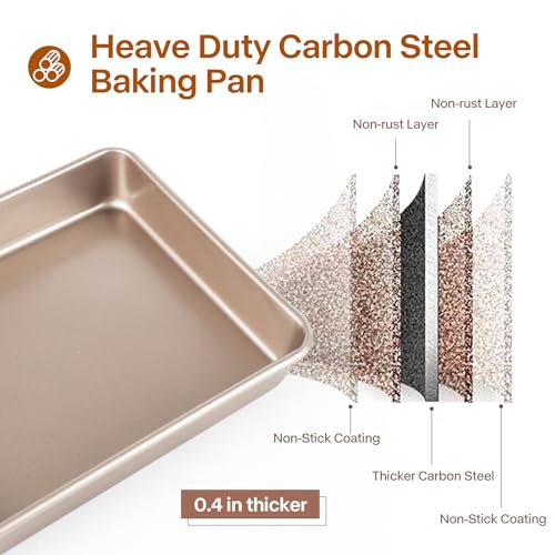 Barlket Deep Baking Pans Set, 3-Pieces Rectangle Cake Pan, Nonstick Roasting Pans Set for Thanksgiving Christmas, 9/11/13 Inch, Toaster Oven Tray Bakeware Set, Lasagna Pan Deep Size, Heavy Duty, Gold - Image 2