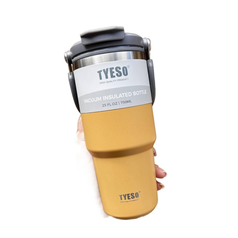 كوب قهوة للسفر بغطاء بشفاط ومناسب لحامل الأكواب من ستانلس ستيل وجدار مزدوج، أصفر، 900 ml، مناسب للتنقل مع غطاء بقشة من الستانلس ستيل للاستخدام الخارجي سهل الحمل للاستخدام العملي - Image 1