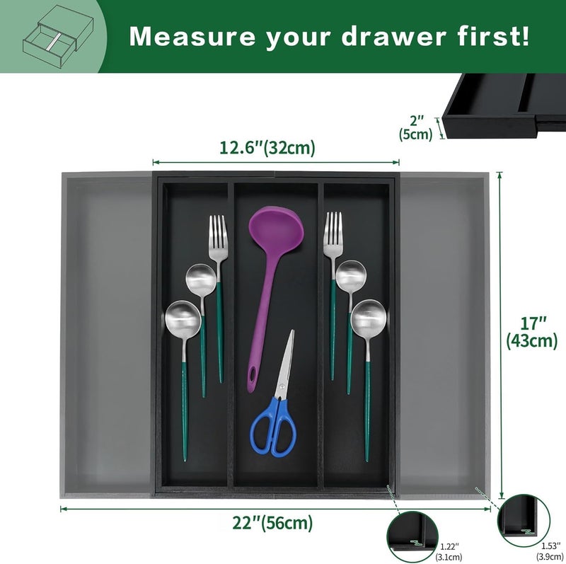 Utoplike Bamboo Drawer Organizer Kitchen Utensils Adjustable Black Silverware Holder and Cutlery Tray Organiser Expandable Drawer Divider for Flatware Knives in Kitchen Bedroom Living Room - Image 3