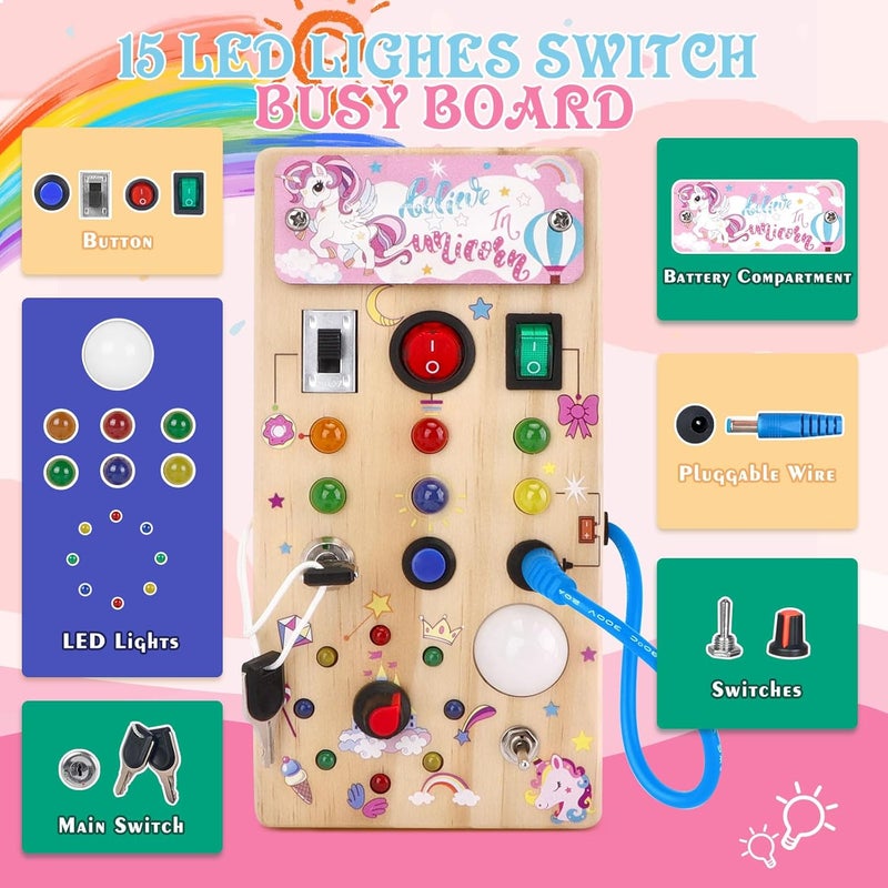 Hoarosall لوحة الأنشطة الخشبية يونيكورن من هواروسال مع 8 مفاتيح إضاءة LED، ألعاب حسية، ألعاب مونتيسوري للأطفال بعمر سنة واحدة - Image 2