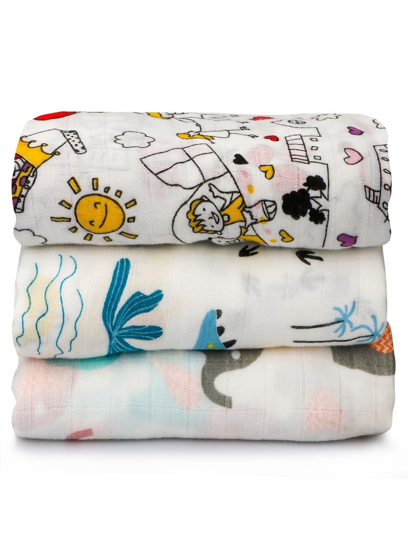 HomarKet 3-Pcs Baby Swaddle Blanket Unisex Wrap Soft Silky Muslin,Blanket for Boys and Girls Set of 3- Elephant/Dinosaur/Happy Family  - Image 1