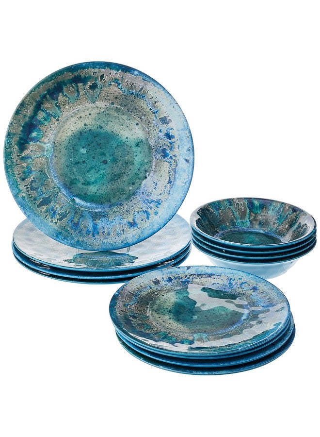 Certified International طقم أدوات مائدة ميلامين 12 قطعة بلون تيل - خدمة لـ 4 أشخاص، أطباق وأوعية، أدوات مائدة خارجية، أطباق ساحلية، غير قابلة للكسر، آمنة في غسالة الصحون، ميلامين ثقيل، مظهر ريفي - Image 1