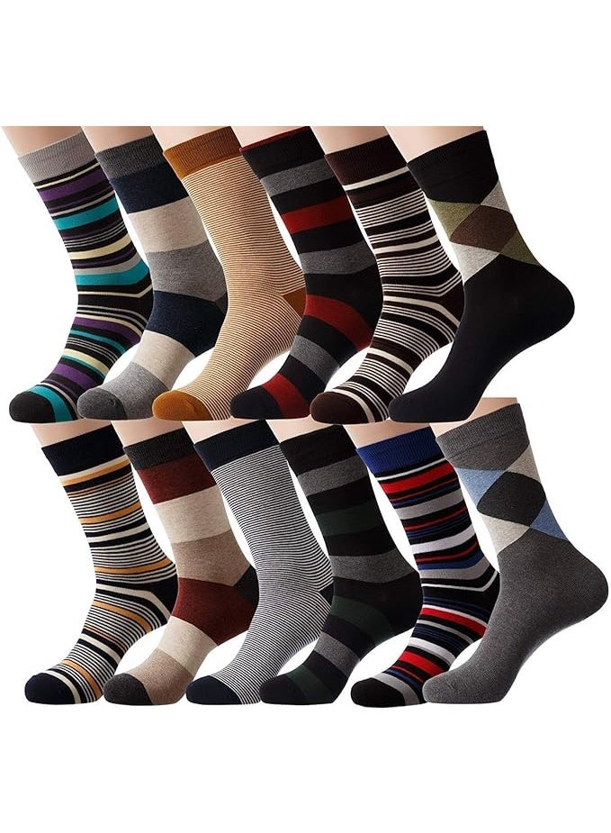 YEJIMONG Menâ€™s 12 Pairs Cotton Colorful Stripe Argyle Designed Business Dress Socks Size 8-12 (Assorted-1) - Image 1