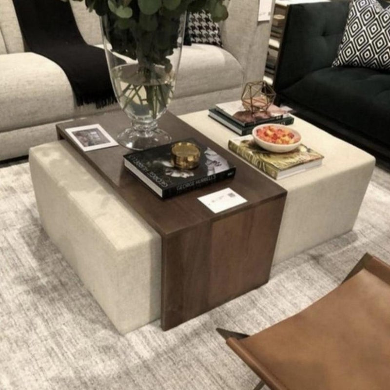 بيتك طاولة قهوة خشب سويدي وقماش مخملي بني و بيج - 140×80×50 سم - Image 1