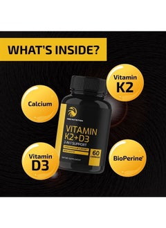 Vitamin D3 K2 | 5000 IU | Immune System, Strong Bones & Teeth Support Supplement | Vitamin D3 (125mcg) | Vitamin K2 MK7 (100mcg) | Calcium (210mg) | With Bioperine | 3rd-Party Tested, 60 Capsules