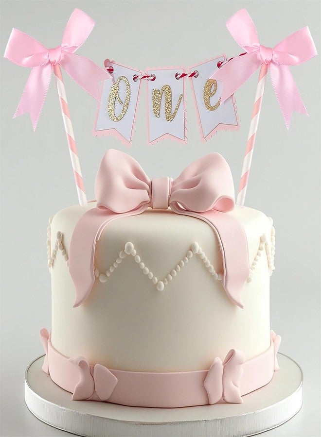 Haptda One Pink Bow Cake Topper Pink Bows Cake Decorations for 1st Girl Cake First Birthday Party Decoration - Image 5