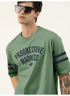 Maniac Mens Printed Round Neck 3/4th Sleeve Hunter Green and Navy Cotton Oversized T-Shirt  - Image 3