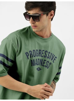 Maniac Mens Printed Round Neck 3/4th Sleeve Hunter Green and Navy Cotton Oversized T-Shirt  - Image 4