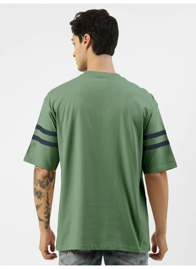 مانياك Mens Printed Round Neck 3/4th Sleeve Hunter Green and Navy Cotton Oversized T-Shirt