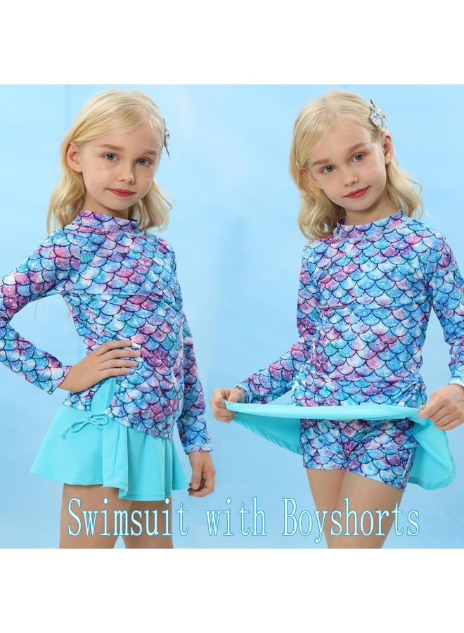 swimsobo Girls Rash Guard Two Pieces Bathing Suit Long Sleeve Swimsuit Swimming Skirt with Shorts Swimwear 3-12T, A Green, 7 Years - Image 2