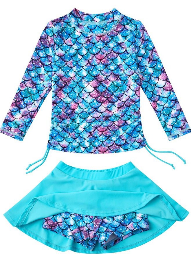 swimsobo Girls Rash Guard Two Pieces Bathing Suit Long Sleeve Swimsuit Swimming Skirt with Shorts Swimwear 3-12T, A Green, 7 Years - Image 1