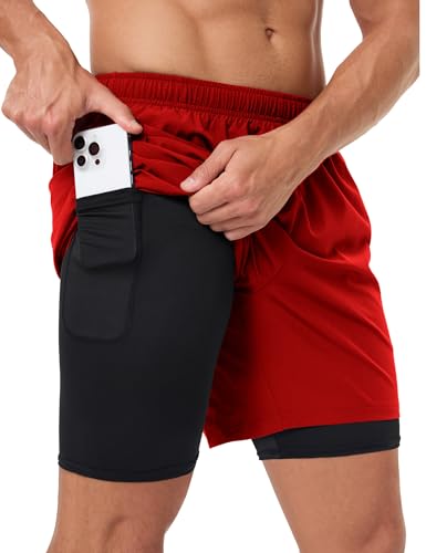 Naarts Men's 2 in 1 Athletic Running Shorts Quick Dry 5 Inch Lightweight Workout Gym Shorts with Liner and Pockets Red,Medium - Image 1