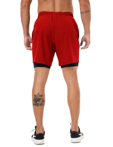 Naarts Men's 2 in 1 Athletic Running Shorts Quick Dry 5 Inch Lightweight Workout Gym Shorts with Liner and Pockets Red,Medium - Image 5