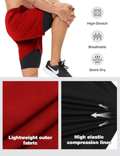 Naarts Men's 2 in 1 Athletic Running Shorts Quick Dry 5 Inch Lightweight Workout Gym Shorts with Liner and Pockets Red,Medium - Image 4