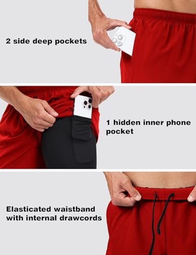 Naarts Men's 2 in 1 Athletic Running Shorts Quick Dry 5 Inch Lightweight Workout Gym Shorts with Liner and Pockets Red,Medium - Image 3