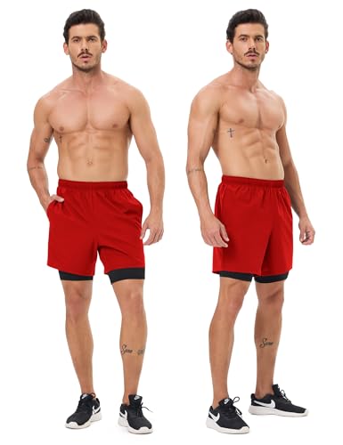 Naarts Men's 2 in 1 Athletic Running Shorts Quick Dry 5 Inch Lightweight Workout Gym Shorts with Liner and Pockets Red,Medium - Image 2