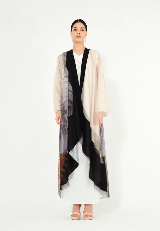Thouq Beautiful Printed chiffon Jalabiya With Cowl Neckline With Long Sleeves