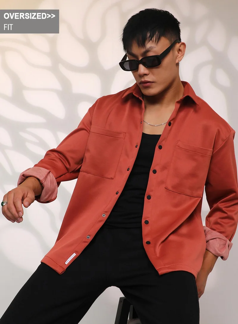 Campus Sutra Men's Terracotta Brown Solid Utility Shacket For Casual Wear | Spread Collar | Long Sleeve | Button Closure | Overshirt/Shacket Crafted With Comfort Fit For Everyday Wear