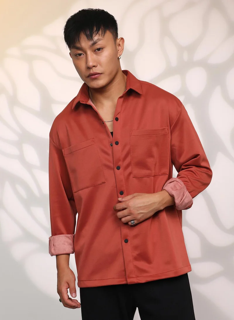 Campus Sutra Men's Terracotta Brown Solid Utility Shacket For Casual Wear | Spread Collar | Long Sleeve | Button Closure | Overshirt/Shacket Crafted With Comfort Fit For Everyday Wear