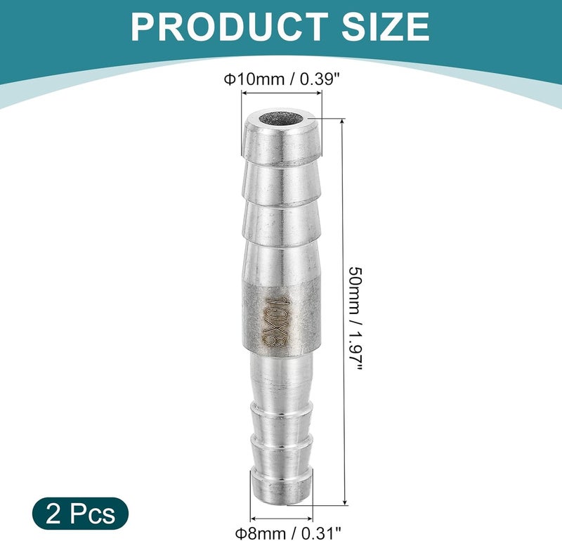 QUARKZMAN 2 pieces diameter 10 x 8 mm hose nozzle reducer pipe fitting, 304 stainless steel hose pipe fitting for vacuum systems, industrial pipe connections, silver - Image 2