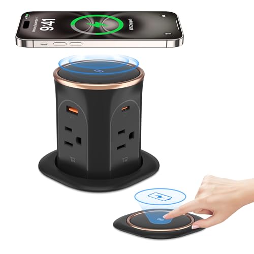 ANNQUAN Motorized Pop Up Countertop Receptacle with 15W Wireless Charger,Max 20W Power Delivery,3.15" Automatic Pop Up Electrical Outlet with 4 Outlets 4 USB Ports for Home Office Kitchen - Image 1