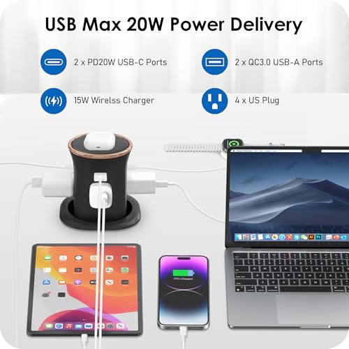 ANNQUAN Motorized Pop Up Countertop Receptacle with 15W Wireless Charger,Max 20W Power Delivery,3.15" Automatic Pop Up Electrical Outlet with 4 Outlets 4 USB Ports for Home Office Kitchen - Image 4