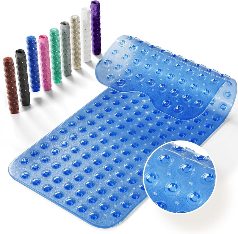 Krussier Non-Slip Bath Tub Mat, 39x16 Inch Extra Large Shower Mat with Drain Holes & Suction Cups, Machine Washable, Clear Blue - Image 1