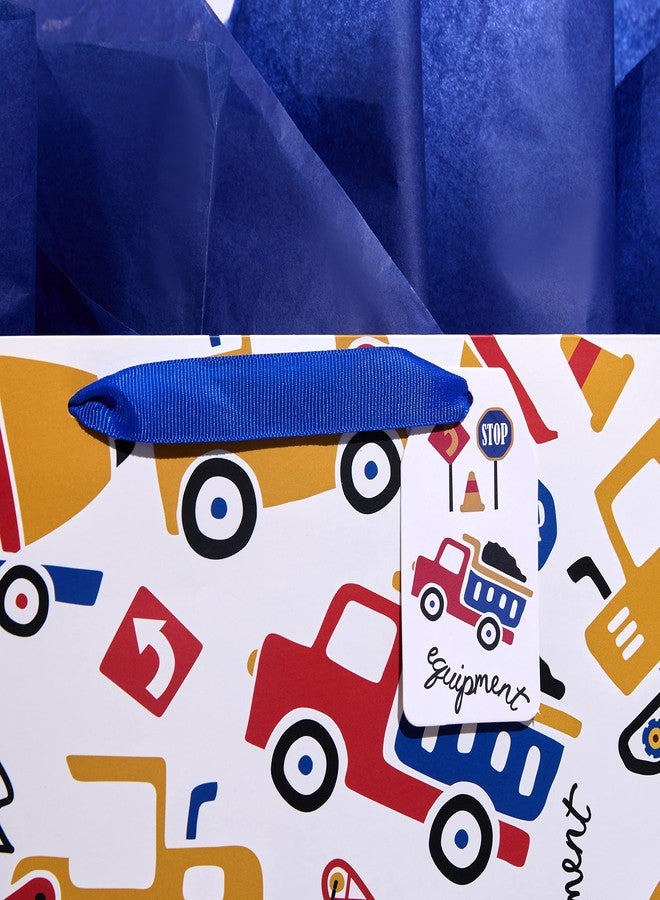 SUNCOLOR Gift Bag with Tissue Paper, Extra Large 15.7x12.6x4.7 Inch, Construction Vehicle Design, White Paper Bag with Handles for Boys Birthday, Baby Shower - Image 4