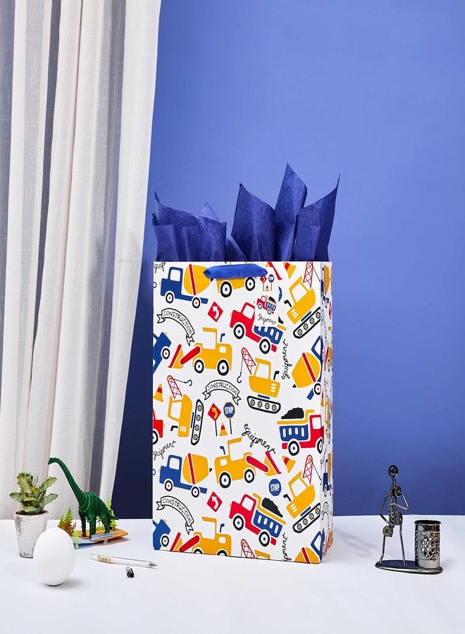 SUNCOLOR Gift Bag with Tissue Paper, Extra Large 15.7x12.6x4.7 Inch, Construction Vehicle Design, White Paper Bag with Handles for Boys Birthday, Baby Shower - Image 3