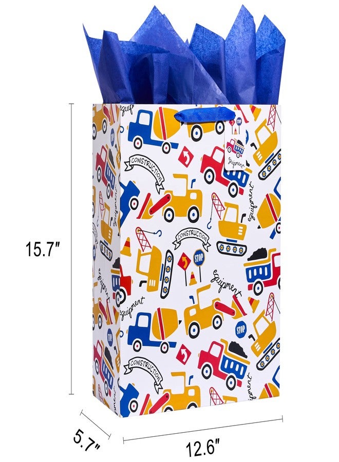 SUNCOLOR Gift Bag with Tissue Paper, Extra Large 15.7x12.6x4.7 Inch, Construction Vehicle Design, White Paper Bag with Handles for Boys Birthday, Baby Shower - Image 2