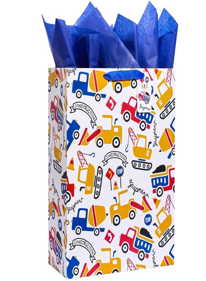 SUNCOLOR Gift Bag with Tissue Paper, Extra Large 15.7x12.6x4.7 Inch, Construction Vehicle Design, White Paper Bag with Handles for Boys Birthday, Baby Shower - Image 1