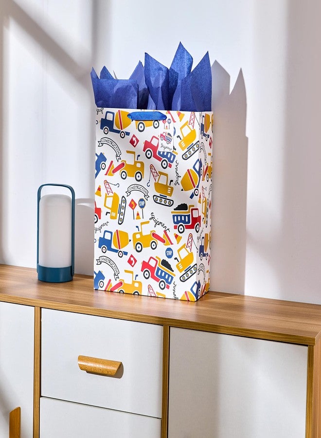 SUNCOLOR Gift Bag with Tissue Paper, Extra Large 15.7x12.6x4.7 Inch, Construction Vehicle Design, White Paper Bag with Handles for Boys Birthday, Baby Shower - Image 5