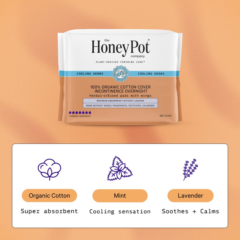 The Honey Pot Company - Herbal Pads for Women - Organic Incontinence Overnight w/Wings - Infused w/Essential Oils for Cooling Effect - Postpartum Essentials - Feminine Care - 16 ct - Image 3