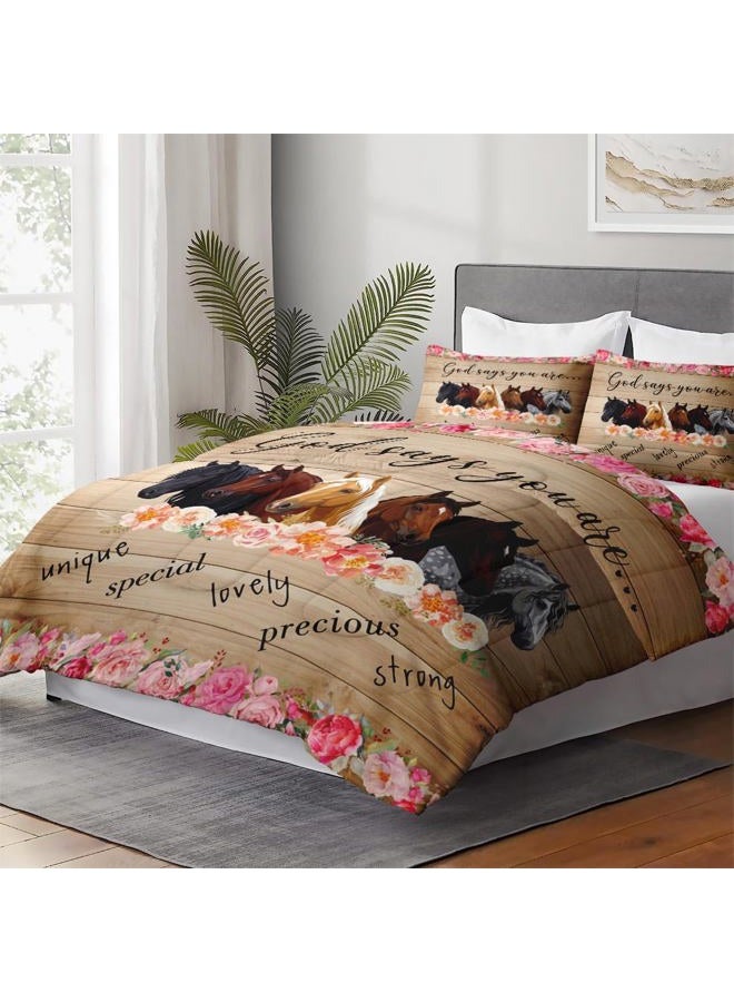 WeCozy Queen Size Comforter Set with 2 Pillowcases, Colorful Horses Animal Pink Flower 3 Pcs Bedding for Kids and Adults, Inspirational Thoughts Soft Comforter Set for Bedroom Bed Decor - Image 4