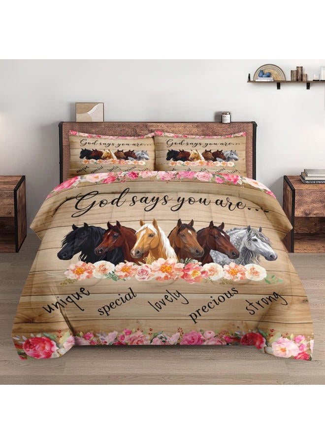 WeCozy Queen Size Comforter Set with 2 Pillowcases, Colorful Horses Animal Pink Flower 3 Pcs Bedding for Kids and Adults, Inspirational Thoughts Soft Comforter Set for Bedroom Bed Decor - Image 1