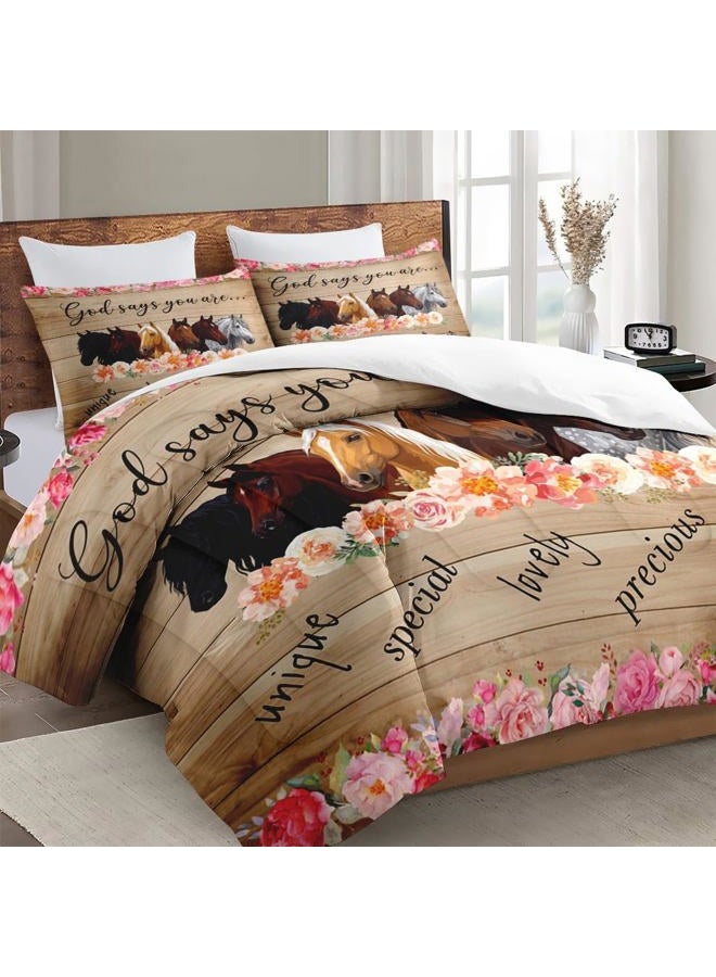 WeCozy Queen Size Comforter Set with 2 Pillowcases, Colorful Horses Animal Pink Flower 3 Pcs Bedding for Kids and Adults, Inspirational Thoughts Soft Comforter Set for Bedroom Bed Decor - Image 3