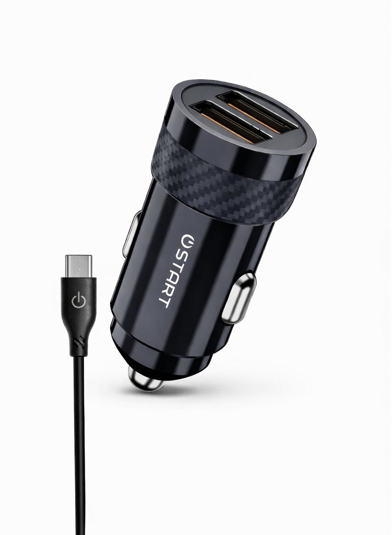 شاحن سيارة START ST-35E سريع 12 واط مع وصلة كابل تايب سى– 2 منافذ USB – شحن آمن للأجهزة الذكية – يدعم 12V-24V