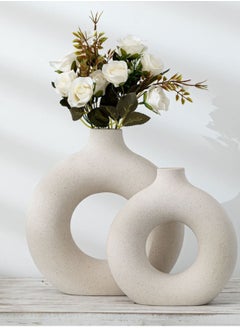 XiuWoo Set of 2 Ceramic Hollow Donut Vase Off White Vases for Decor Nordic Minimalism Style Decor for Wedding Dinner Table Party Living Room Office Bedroom 18*19 cm and 22*23CM  - Image 1