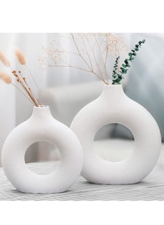 XiuWoo Set of 2 Ceramic Hollow Donut Vase Off White Vases for Decor Nordic Minimalism Style Decor for Wedding Dinner Table Party Living Room Office Bedroom 18*19 cm and 22*23CM  - Image 2