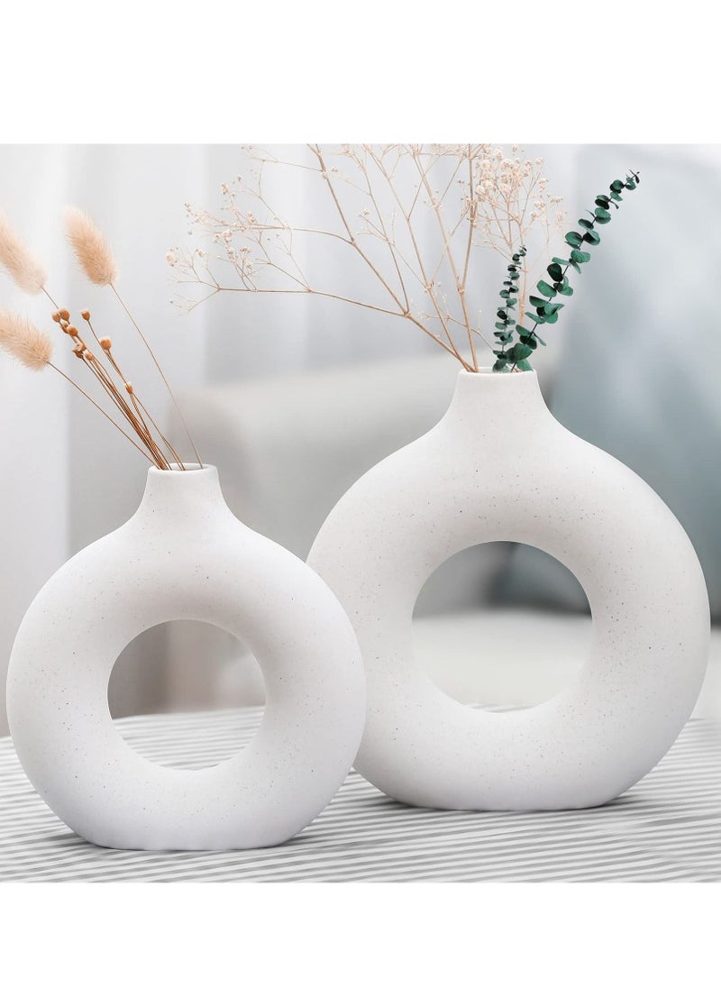 XiuWoo Set of 2 Ceramic Hollow Donut Vase Off White Vases for Decor Nordic Minimalism Style Decor for Wedding Dinner Table Party Living Room Office Bedroom 18*19 cm and 22*23CM  - Image 2