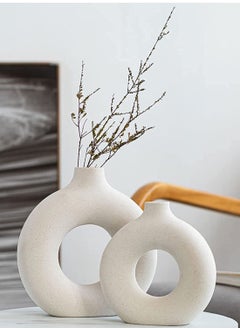 XiuWoo Set of 2 Ceramic Hollow Donut Vase Off White Vases for Decor Nordic Minimalism Style Decor for Wedding Dinner Table Party Living Room Office Bedroom 18*19 cm and 22*23CM  - Image 3