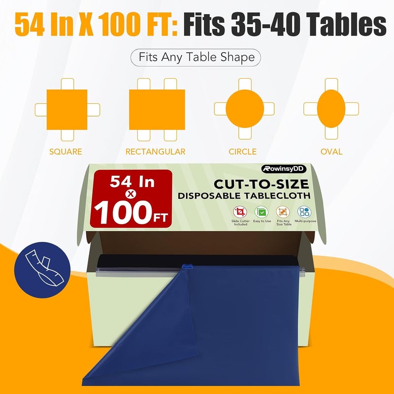 RowinsyDD 54" X 100 FT Blue Plastic Table Cover Roll with Slide Cutter, Cuts Up to 12 Rectangle 8 Feet Disposable Plastic Table Cloths, Ideal for Dinning, Parties, BBQ, Wedding, Outdoor - Image 4