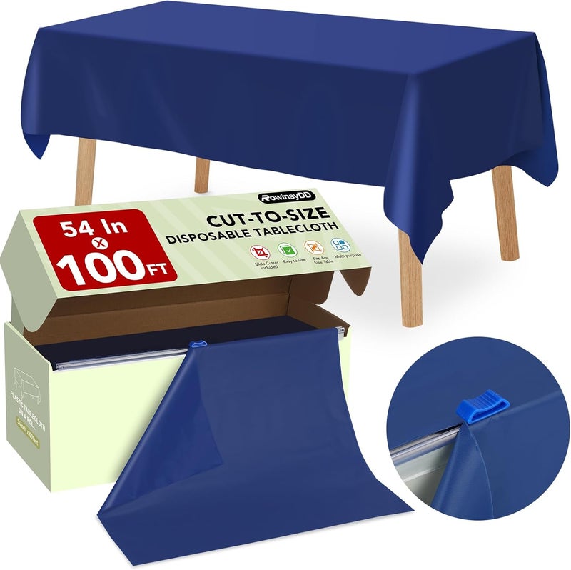 RowinsyDD 54" X 100 FT Blue Plastic Table Cover Roll with Slide Cutter, Cuts Up to 12 Rectangle 8 Feet Disposable Plastic Table Cloths, Ideal for Dinning, Parties, BBQ, Wedding, Outdoor - Image 1