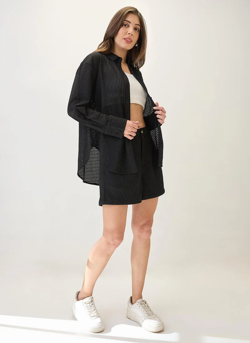 globus Globus Women Cuffed Sleeves Shinny Pattern Crochet Shirt With Short Co-Ords Set