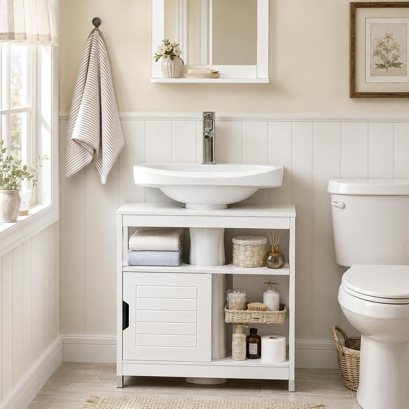 سو باي خزانة تحت الحوض للحمام (Bathroom Cabinet under sink)، خزانة تخزين للحمام (Storage cabinet for the bathroom)، خزائن الحمام مع أبواب منزلقة (Cabinets with sliding doors for the bathroom)، خزائن خشبية للتخزين (Wooden storage cabinets)، خزائن بأدراج للمساحات الصغيرة (Cabinets with drawers for small spaces)، حوض من نوع pedestal sink، مناسبة للمطبخ (Suitable for the kitchen)، موديل FRG128-II-W. - Image 2
