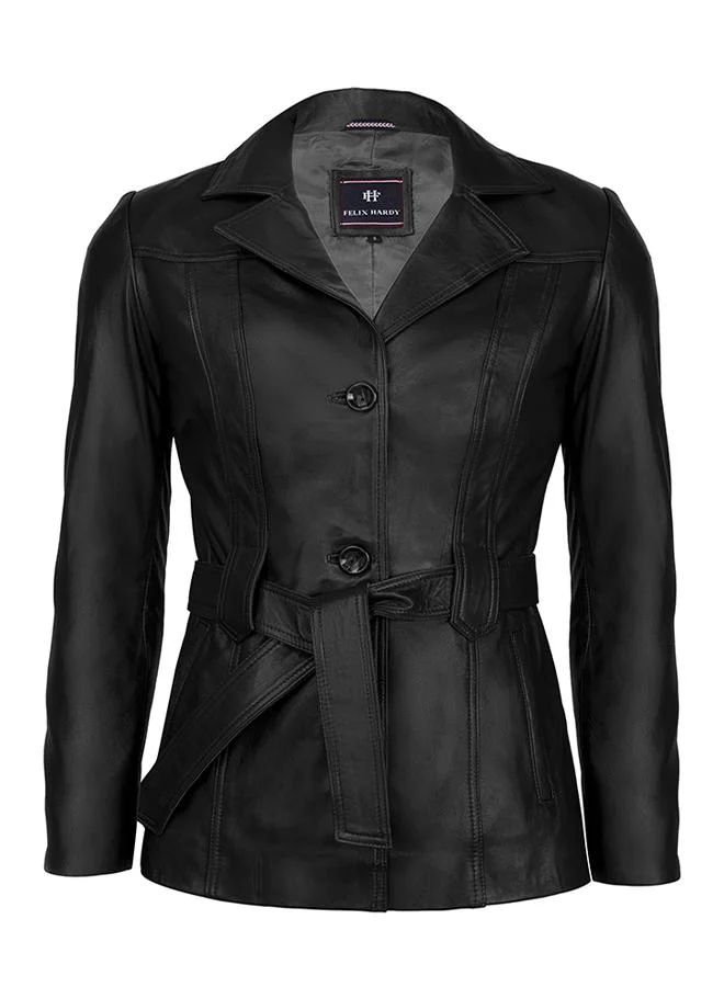 FELIX HARDY Genuine Leather Black Classic Jacket with Belt