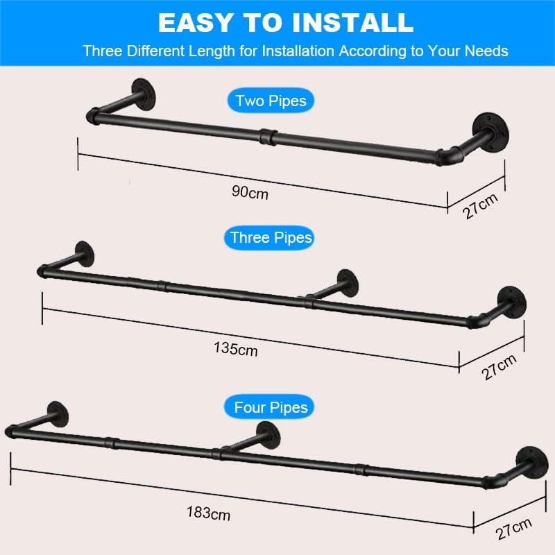 BLYPHOO Industrial Pipe Clothes Rack Industrial Garment Rack：Wall Mounted Metal Clothing Pipe with 3 Hooks, Heavy Duty Iron Garment Bar, Multi-Purpose Iron Clothes Hanging Rod Bar, Display Clothing Rod - Image 4