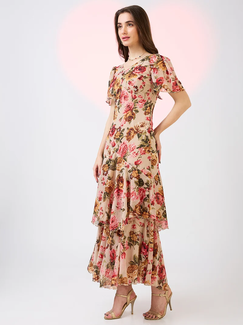 globus Women Floral Print V-Neck Flared Sleeves Layered Detail Fit & Flare Maxi Dress