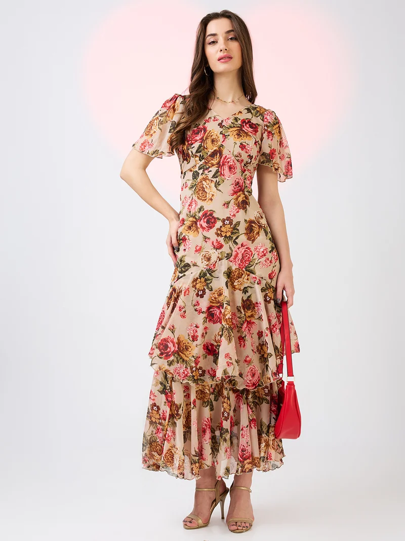 globus Women Floral Print V-Neck Flared Sleeves Layered Detail Fit & Flare Maxi Dress
